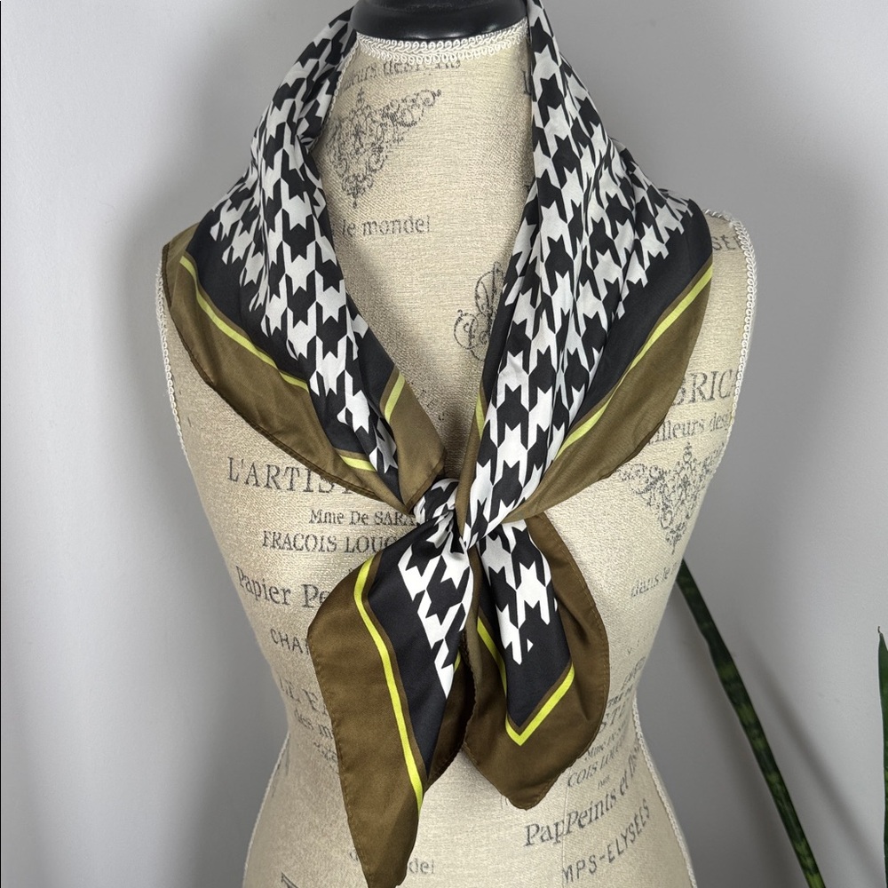 H&M Black and White Houndstooth Scarf with Olive and Yellow Trim